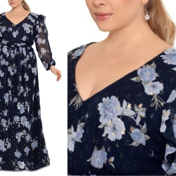 Betsy & AdamFloral Chiffon Ruffle V-NeckMaxi Dress size 8